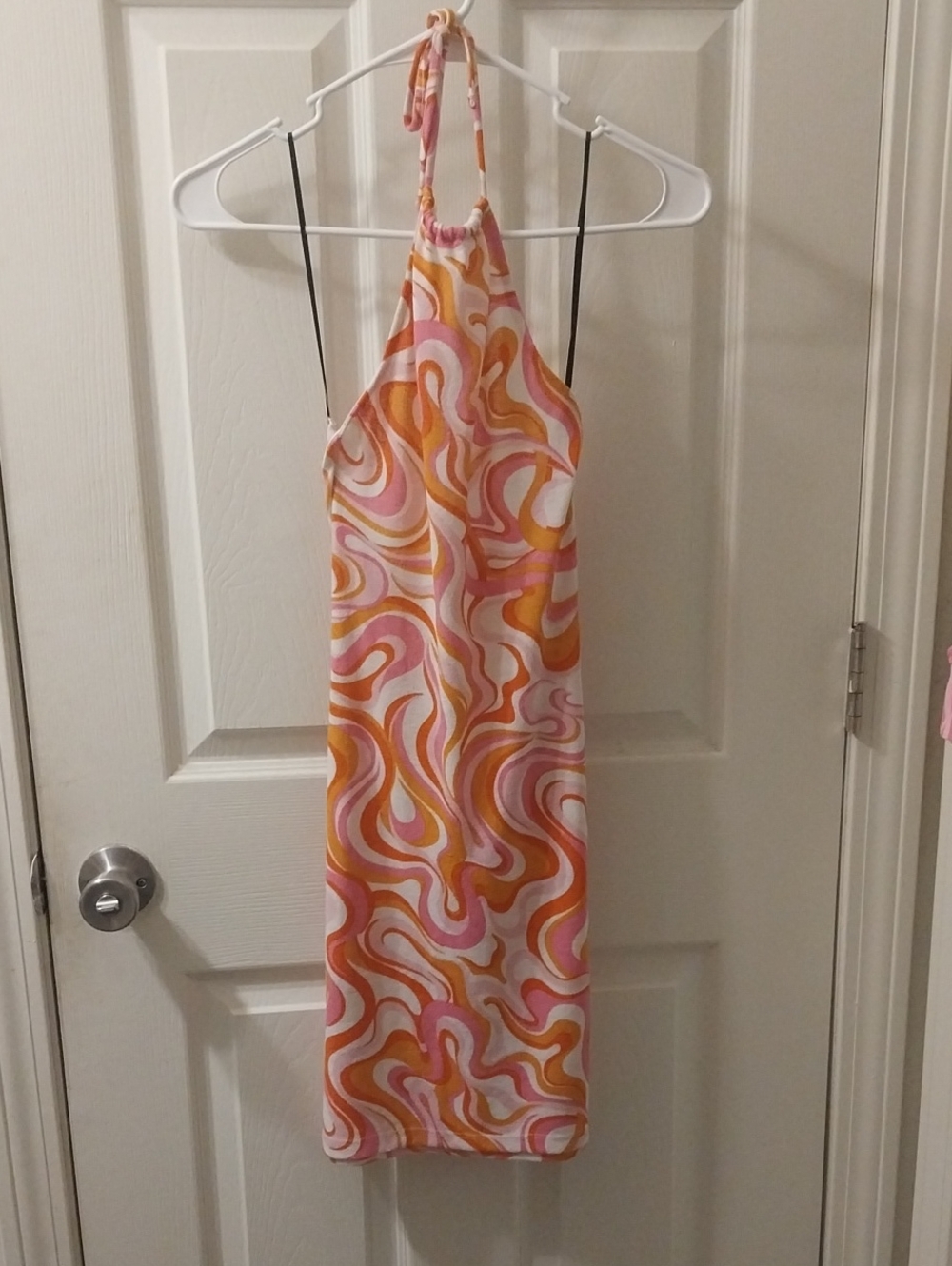 Divided-Halter Neck Swirl Print Midi Dress in Pink & Orange-XS